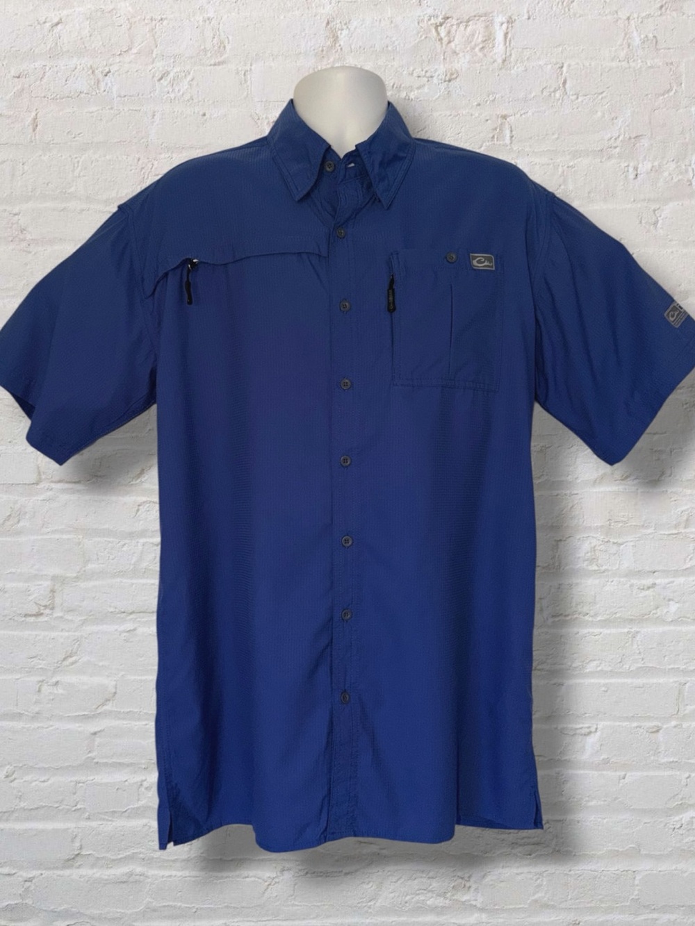 Drake Performance Fishing DPF Shirt Mens Med Blue Vented Short Sleeve Button Up - Picture 2 of 16